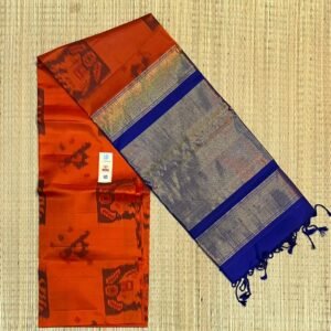 Vibrant Orange Pochampally Ikat Saree with Royal Blue & Gold Zari Pallu