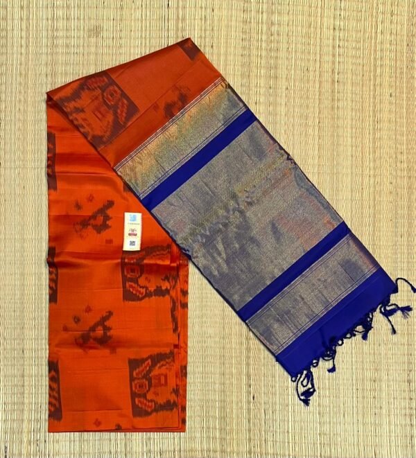 Vibrant Orange Pochampally Ikat Saree with Royal Blue & Gold Zari Pallu