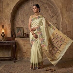 Elegant Pastel Green Silk Saree with Multicolor Leaf Border & Rich Gold Pallu