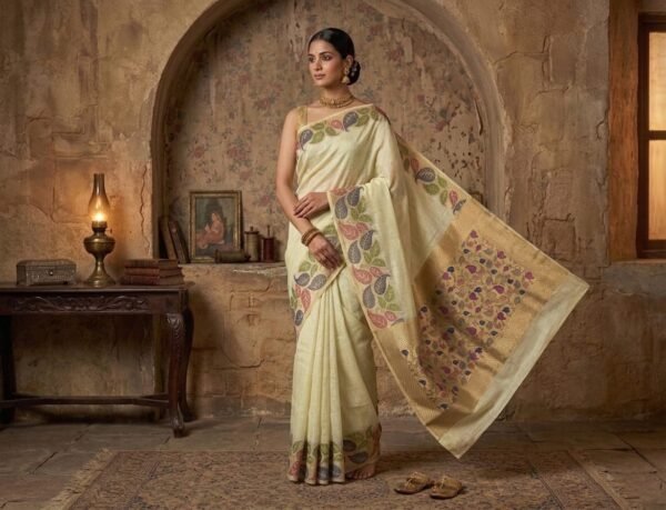 Elegant Pastel Green Silk Saree with Multicolor Leaf Border & Rich Gold Pallu