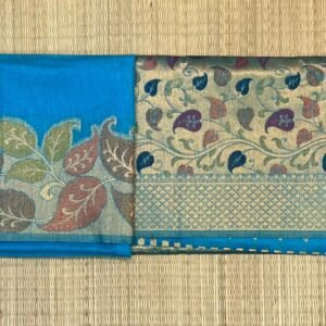 Elegant Aqua Blue Silk Saree with Multicolor Leaf Border & Antique Gold Designer Pallu