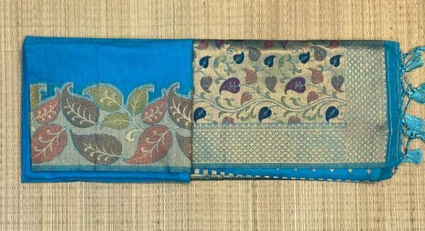 Elegant Aqua Blue Silk Saree with Multicolor Leaf Border & Antique Gold Designer Pallu