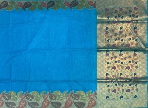 Elegant Aqua Blue Silk Saree with Multicolor Leaf Border & Antique Gold Designer Pallu