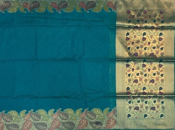 Elegant Peacock Teal Silk Saree with Gold Zari Border & Floral Pallu