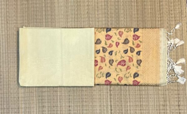 Elegant Pastel Green Silk Saree with Multicolor Leaf Border & Rich Gold Pallu