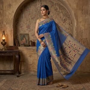 Royal Blue Silk Saree with Multicolor Leaf Border & Antique Gold Floral Pallu