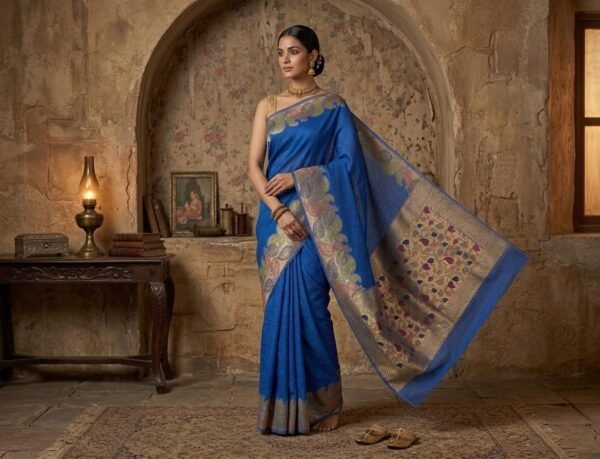 Royal Blue Silk Saree with Multicolor Leaf Border & Antique Gold Floral Pallu