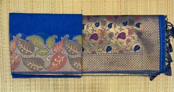 Royal Blue Silk Saree with Multicolor Leaf Border & Antique Gold Floral Pallu