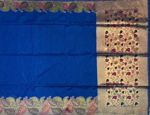 Royal Blue Silk Saree with Multicolor Leaf Border & Antique Gold Floral Pallu