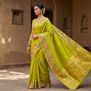 Vibrant Mustard Yellow Silk Saree with Multicolor Leaf Border & Rich Gold Floral Pallu
