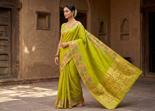 Vibrant Mustard Yellow Silk Saree with Multicolor Leaf Border & Rich Gold Floral Pallu