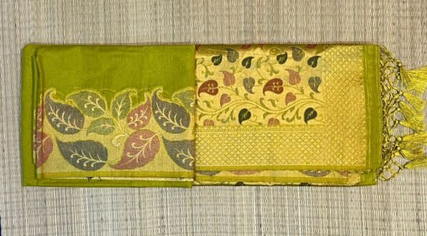 Vibrant Mustard Yellow Silk Saree with Multicolor Leaf Border & Rich Gold Floral Pallu