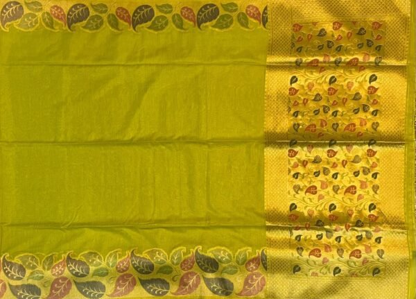 Vibrant Mustard Yellow Silk Saree with Multicolor Leaf Border & Rich Gold Floral Pallu