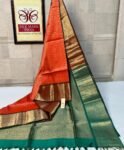 Vibrant Orange Kanchipuram Silk Saree with Rich Gold Zari Work & Emerald Green Contrast Border