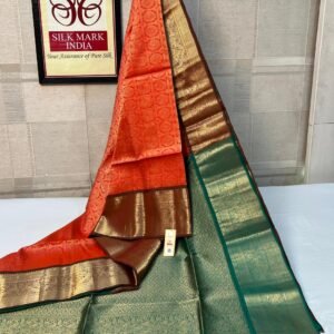 Vibrant Orange Kanchipuram Silk Saree with Rich Gold Zari Work & Emerald Green Contrast Border