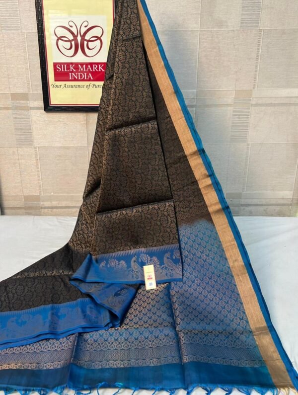 Ebony Black & Royal Blue Kanjivaram Silk Saree with Antique Gold Zari