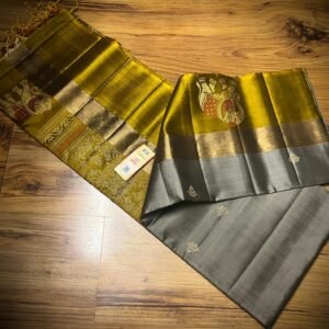 Elegant Grey Silk Saree with Rich Gold Zari Border & Traditional Elephant Motifs