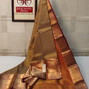 Classic Antique Gold Kanchipuram Silk Saree with Rich Zari Weave & Rust Red Contrast Border