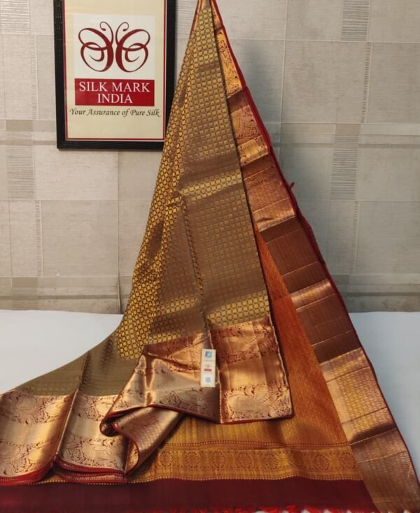 Classic Antique Gold Kanchipuram Silk Saree with Rich Zari Weave & Rust Red Contrast Border