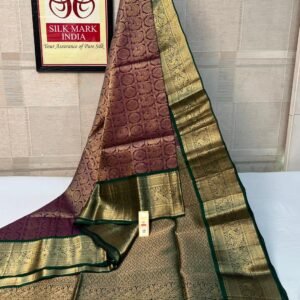 Elegant Wine Purple Silk Saree with Rich Gold Zari Weaving & Emerald Green Border