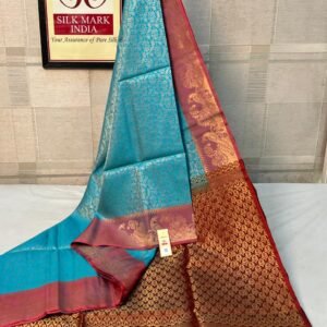 Aquamarine Teal & Mahogany Red Kanjivaram Silk Saree with Antique Gold Zari