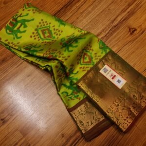 Lime Green Ikat Silk Saree with Rich Gold Zari Brocade Pallu