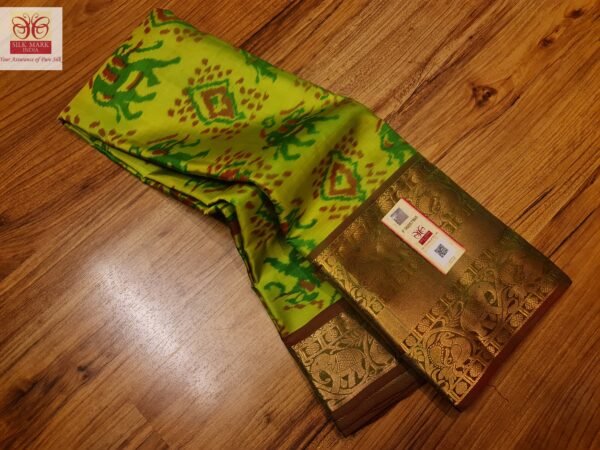 Lime Green Ikat Silk Saree with Rich Gold Zari Brocade Pallu