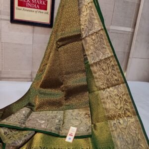 Antique Gold Silk Saree with All-Over Zari Weave & Emerald Green Border