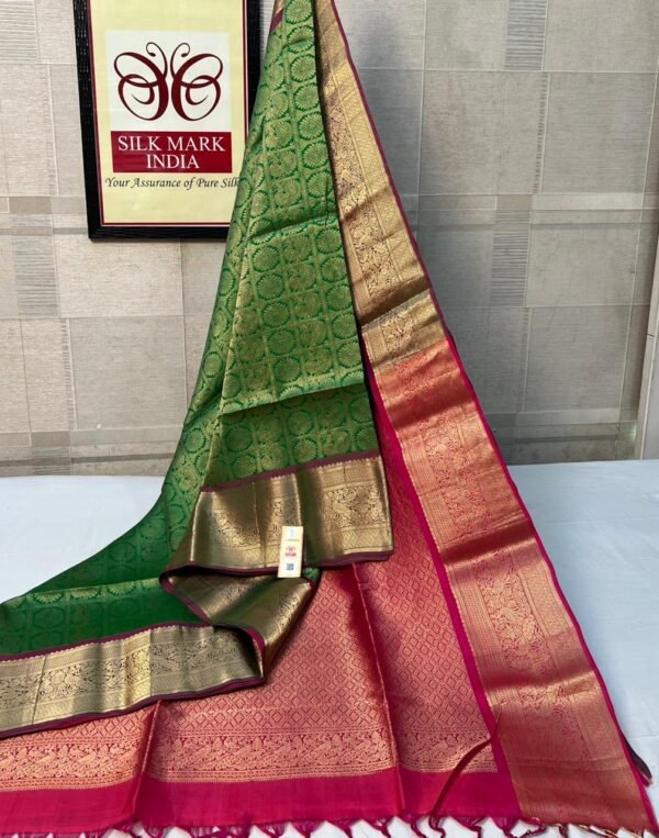 Royal Green & Rose Pink Silk Saree with Rich Gold Zari Weaving