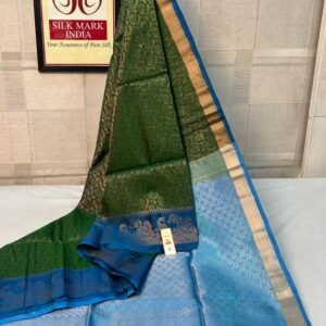 Emerald Green & Sky Blue Kanjivaram Silk Saree with Champagne Gold Zari