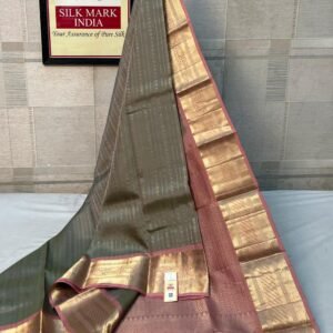 Antique Olive & Dusty Rose Pure Silk Saree with Rich Gold Zari Stripes