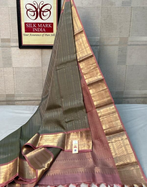 Antique Olive & Dusty Rose Pure Silk Saree with Rich Gold Zari Stripes