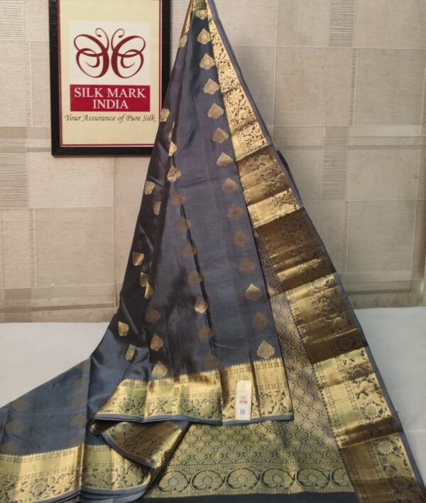 Classic Charcoal Grey Kanchipuram Silk Saree with Rich Gold Zari Detailing
