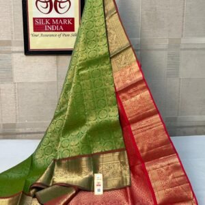 Traditional Parrot Green & Coral Red Silk Saree with Rich Gold Zari Border