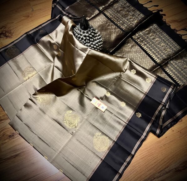 Classic Beige Silk Saree with Black Contrast Border & Rich Gold Zari Weaving