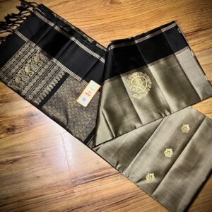 Classic Beige Silk Saree with Black Contrast Border & Rich Gold Zari Weaving