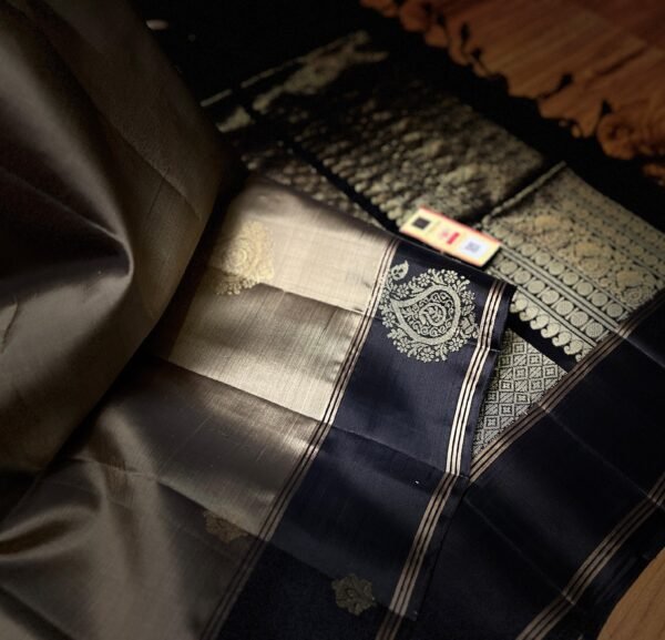 Classic Beige Silk Saree with Black Contrast Border & Rich Gold Zari Weaving