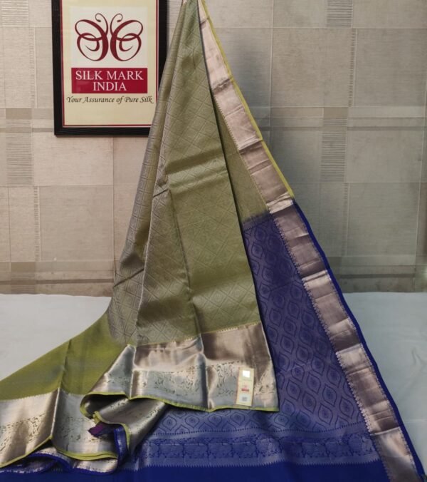 Elegant Olive Green & Royal Blue Silk Saree with Silver Zari Border
