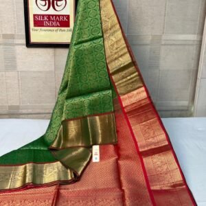 Royal Emerald Green Silk Saree with Rich Gold Zari & Rani Pink Border