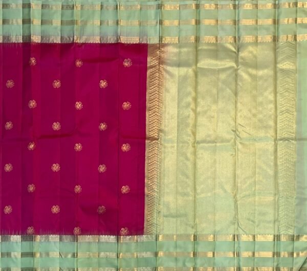 Elegant Mint Green & Rani Pink Kanchipuram Silk Saree with Rich Gold Zari Weaving