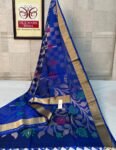 Royal Blue Handloom Silk Saree with Geometric Checks and Gold Zari Floral Creeper