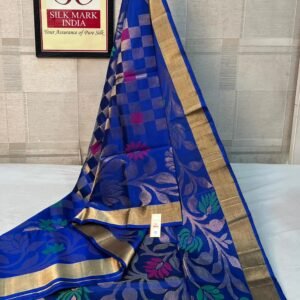 Royal Blue Handloom Silk Saree with Geometric Checks and Gold Zari Floral Creeper