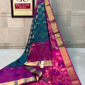 Magenta and Teal Dual-Tone Handloom Silk Saree with Gold Zari Floral Creeper