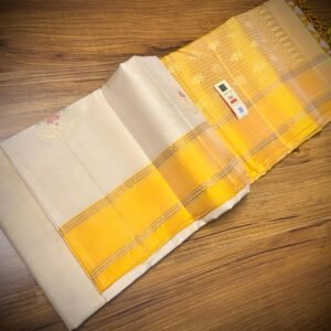 Elegant White Silk Saree with Gold Zari Buttas & Rich Yellow Pallu