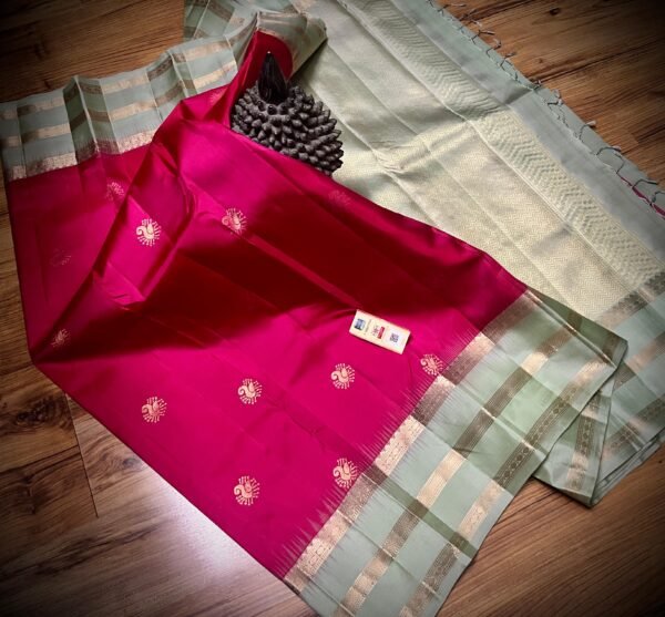 Elegant Mint Green & Rani Pink Kanchipuram Silk Saree with Rich Gold Zari Weaving