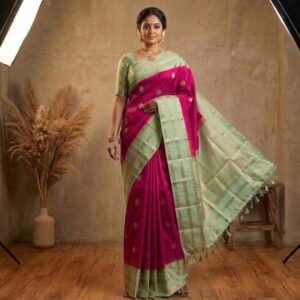 Elegant Mint Green & Rani Pink Kanchipuram Silk Saree with Rich Gold Zari Weaving