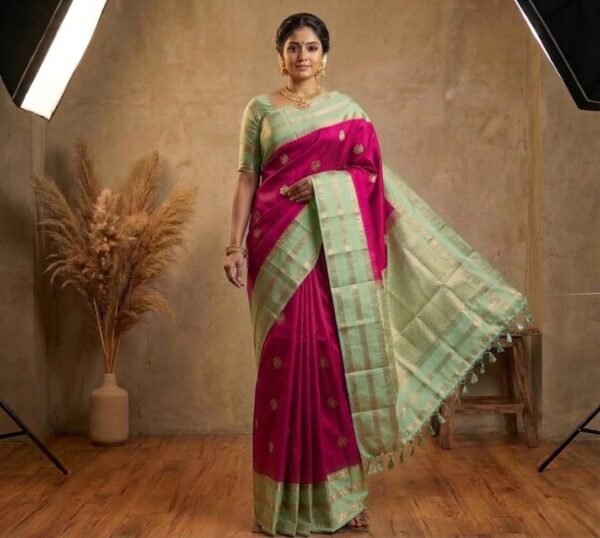 Elegant Mint Green & Rani Pink Kanchipuram Silk Saree with Rich Gold Zari Weaving