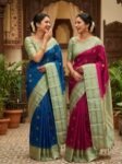 Elegant Mint Green & Rani Pink Kanchipuram Silk Saree with Rich Gold Zari Weaving