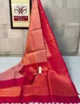 Graceful Peach Kanchipuram Silk Saree with Rich Gold Zari Weave & Rani Pink Contrast Border