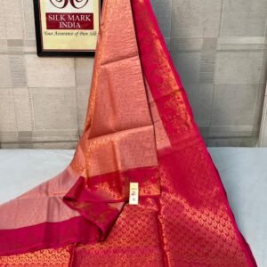 Graceful Peach Kanchipuram Silk Saree with Rich Gold Zari Weave & Rani Pink Contrast Border